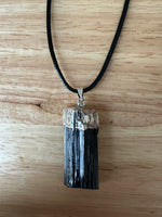 Raw Black Tourmaline Pendant on an 18" Black Cord Necklace