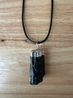 Raw Black Tourmaline Pendant on an 18" Black Cord Necklace
