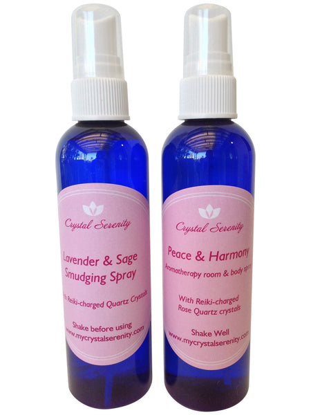 Crystal Serenity Sprays Duo:  Peace & Harmony Aromatherapy Spray and Lavender & Sage Smudging Spray 4 Ounces Each Bottle